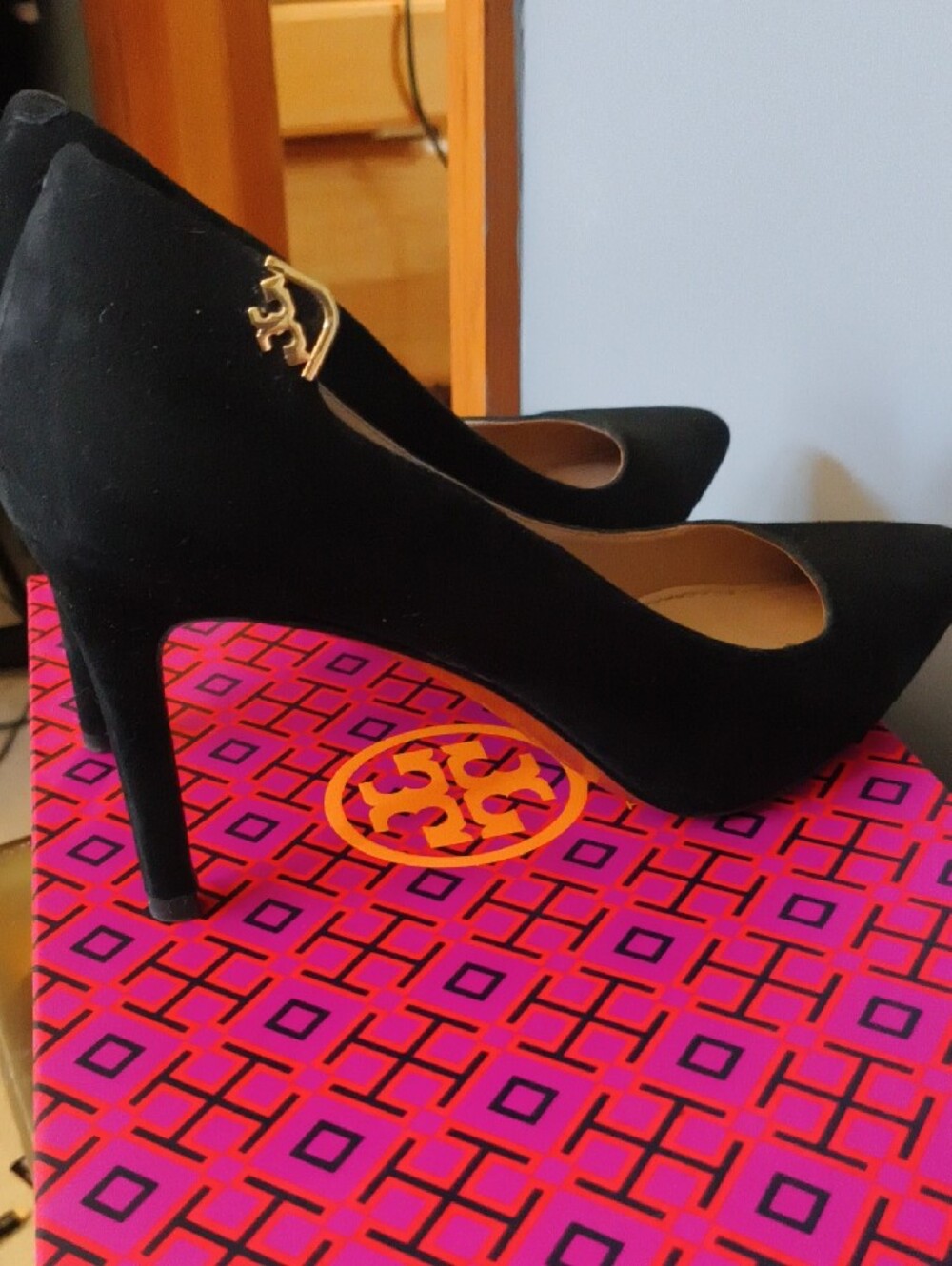 Tory Burch Black Suede Pointed-Toe Heels with Gold Logo 7